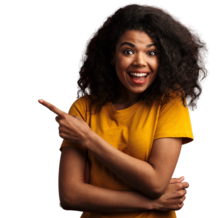 vrouw wijst naar titel